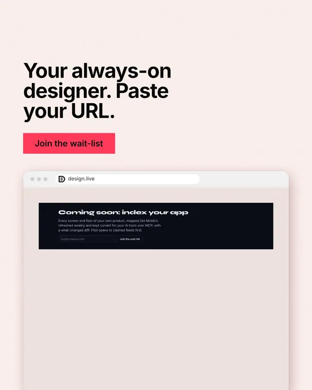 Instagram portrait post for design.live: "Your always-on designer. Paste your URL." Swiss style, browser layout, light palette in orange, white, grey.