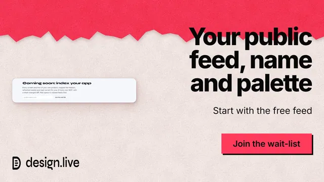 Landscape graphic for design.live: "Your public feed, name and palette". Paper trio style, right layout, light palette in orange, red, grey.