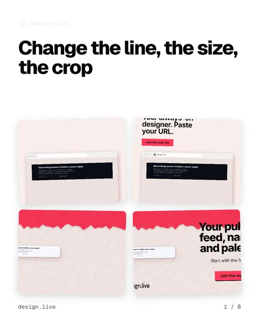 Carousel for design.live: "Change the line, the size, the crop". Collection carousel, 8 slides, light palette.