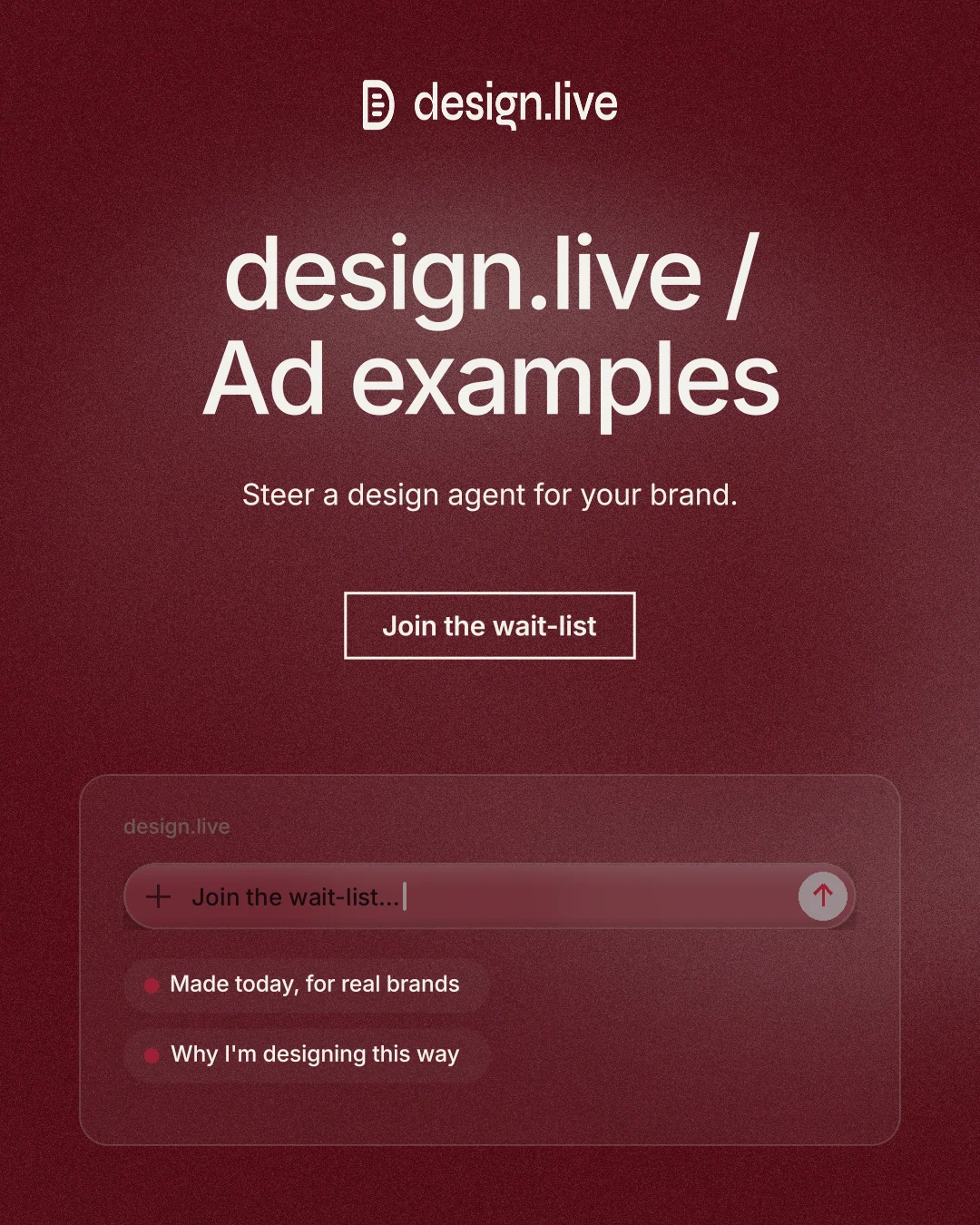 Instagram portrait post for design.live: "design.live / Ad examples". Cyanotype style, centred layout, dark palette in red, grey.