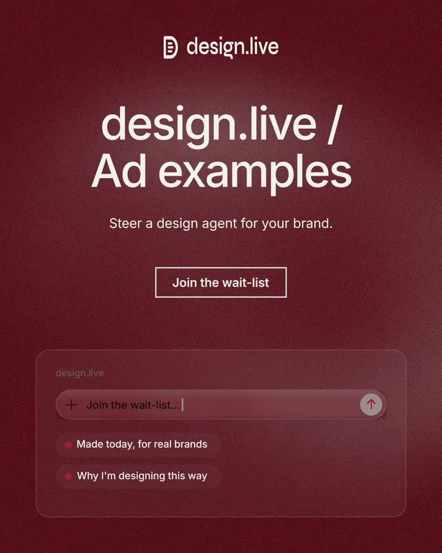 Instagram portrait post for design.live: "design.live / Ad examples". Cyanotype style, centred layout, dark palette in red, grey.