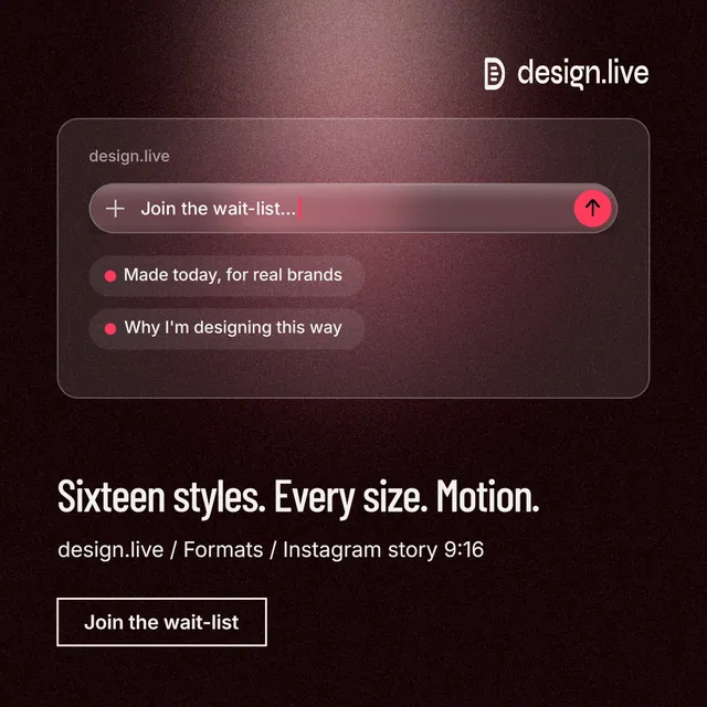 Instagram post for design.live: "Sixteen styles. Every size. Motion." Dark deco style, bottom layout, dark palette in black, red, grey.