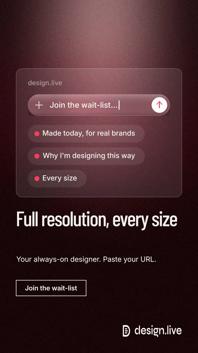Instagram story for design.live: "Full resolution, every size". Dark deco style, bottom layout, dark palette in red, grey, black.