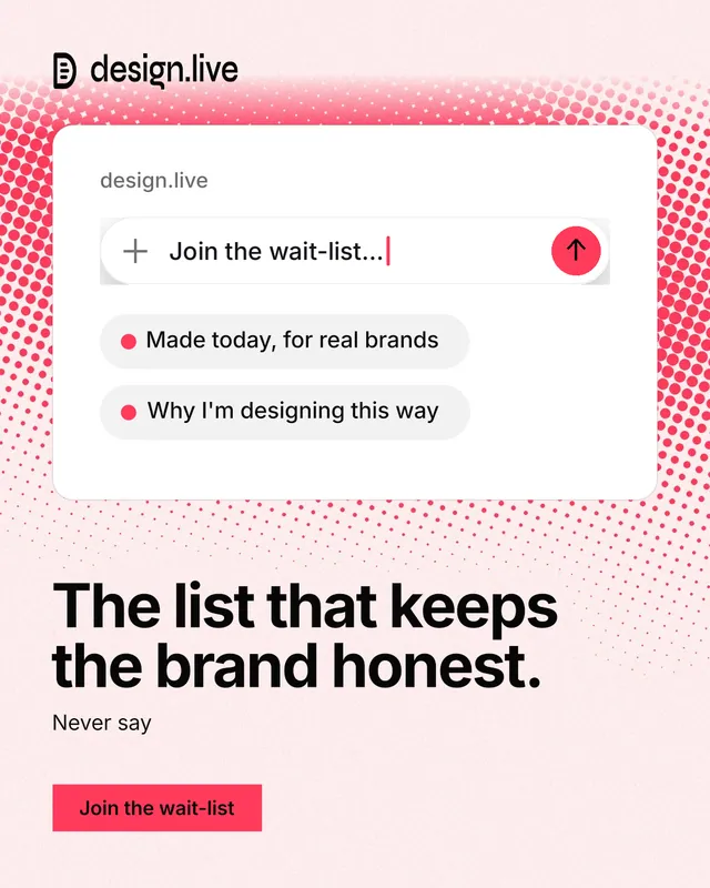 Instagram portrait post for design.live: "The list that keeps the brand honest." Swiss style, bottom layout, light palette in white, red.