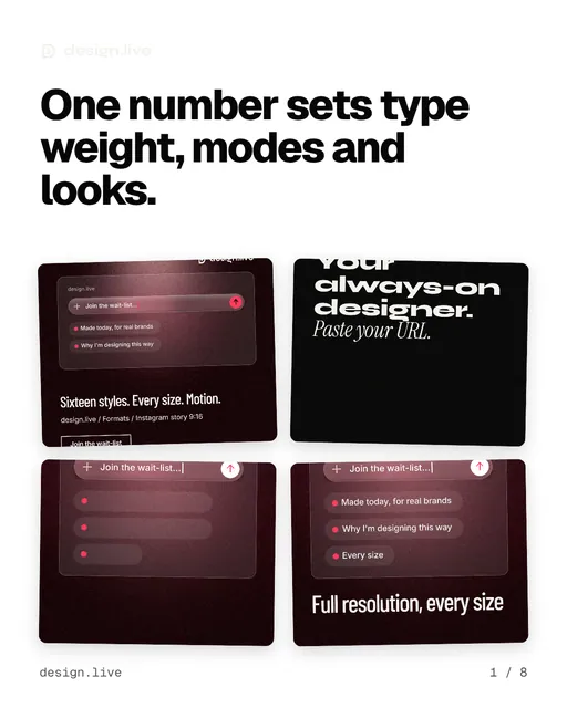 Carousel for design.live: "One number sets type weight, modes and looks.". Collection carousel, 8 slides, light palette.