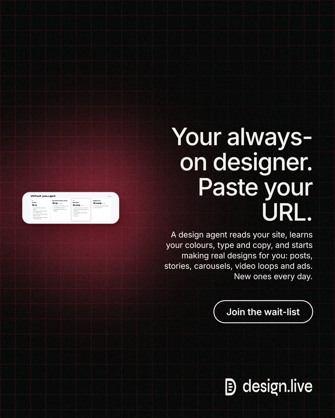 Instagram portrait post for design.live: "Your always-on designer. Paste your URL." Phosphor atlas style, right layout, dark palette in black, grey.