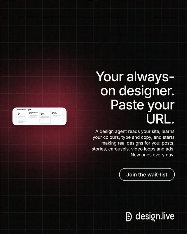 Instagram portrait post for design.live: "Your always-on designer. Paste your URL." Phosphor atlas style, right layout, dark palette in black, grey.