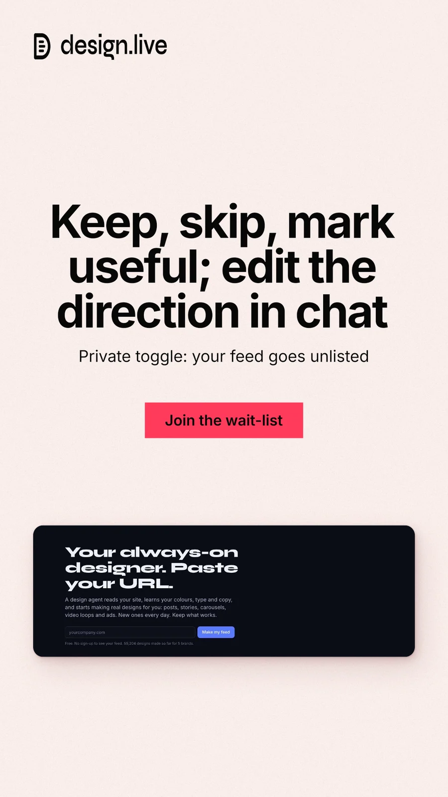 Instagram story for design.live: "Keep, skip, mark useful; edit the direction in chat". Swiss style, centred layout, light palette in white, grey, red.