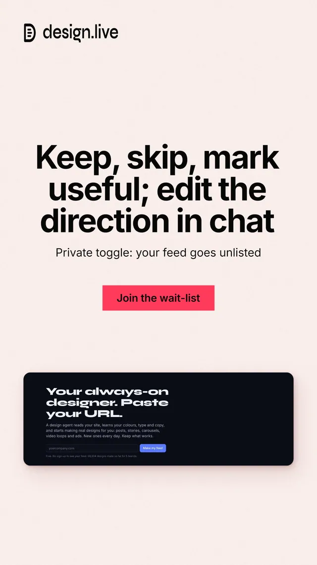 Instagram story for design.live: "Keep, skip, mark useful; edit the direction in chat". Swiss style, centred layout, light palette in white, grey, red.