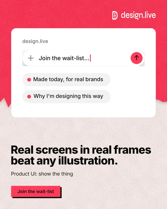 Instagram portrait post for design.live: "Real screens in real frames beat any illustration." Paper trio style, bottom layout, light palette in orange, white, red.