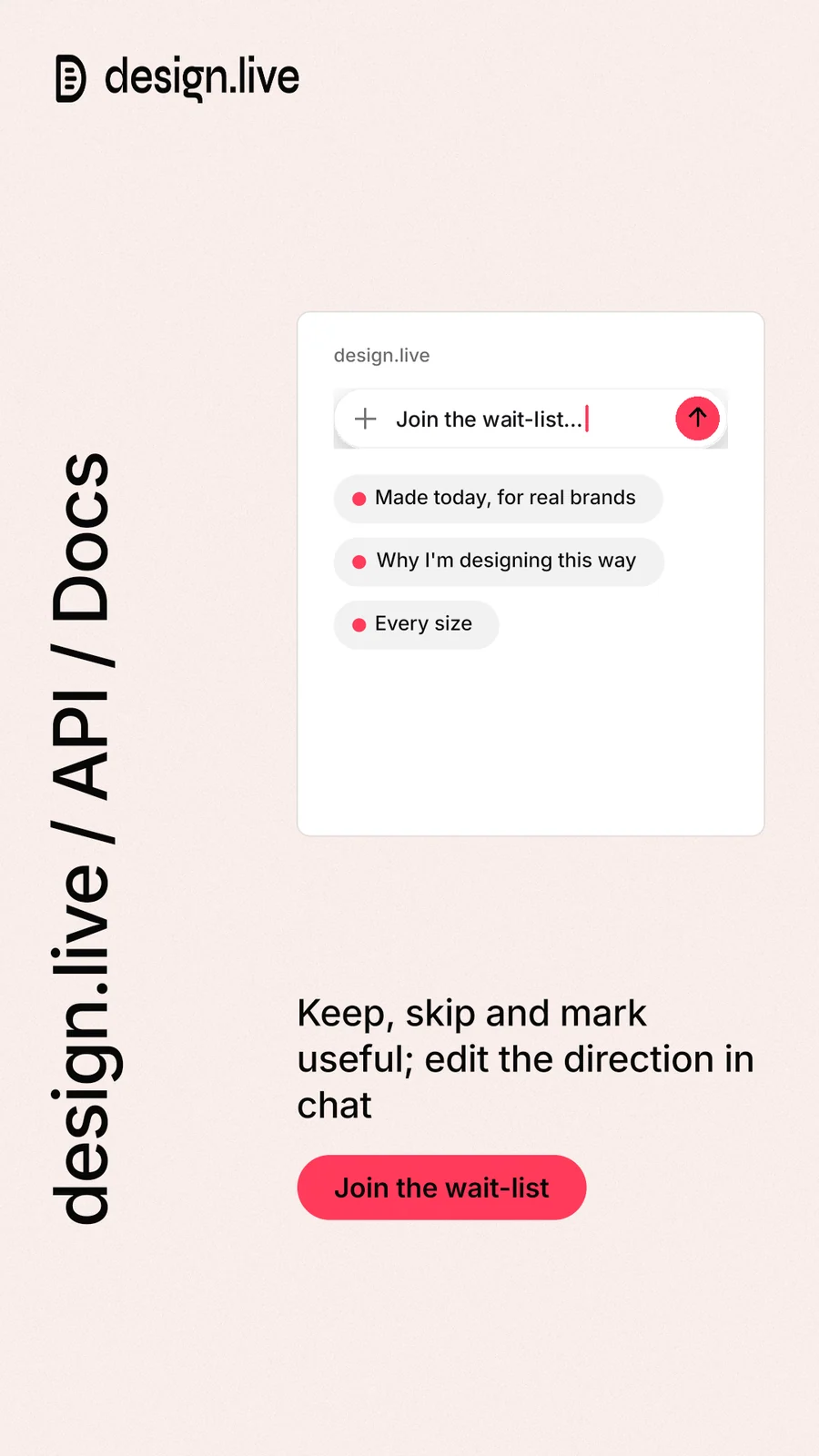 Instagram story for design.live: "design.live / API / Docs". Data card style, vertical layout, light palette in white, red.