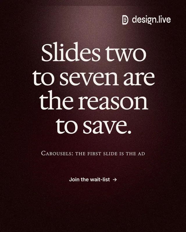 Instagram portrait post for design.live: "Slides two to seven are the reason to save." Dark deco style, smallcaps layout, dark palette in black, red, grey.