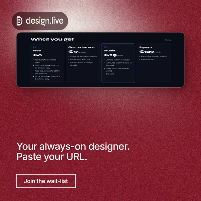 Instagram post for design.live: "Your always-on designer. Paste your URL." Cyanotype style, bottom layout, dark palette in red, black.