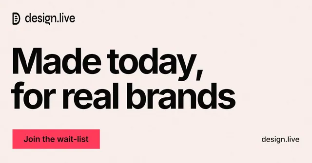 Social ad for design.live: "Made today, for real brands". Swiss style, poster layout, light palette in white, grey.