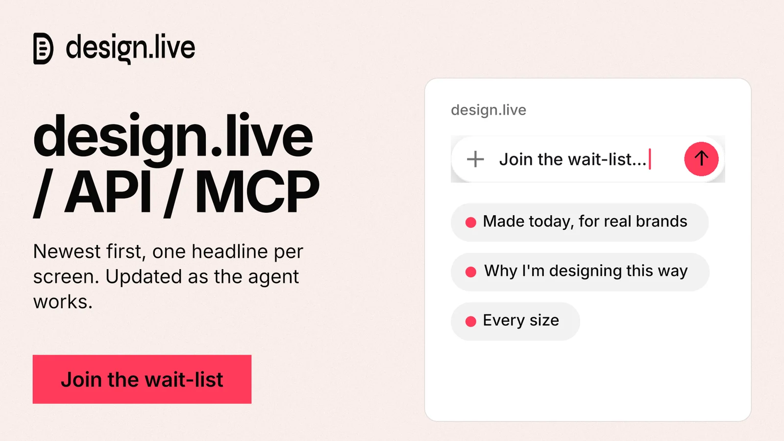 Landscape graphic for design.live: "design.live / API / MCP". Swiss style, bottom layout, light palette in white, red.