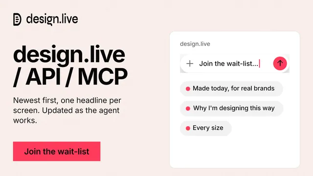 Landscape graphic for design.live: "design.live / API / MCP". Swiss style, bottom layout, light palette in white, red.