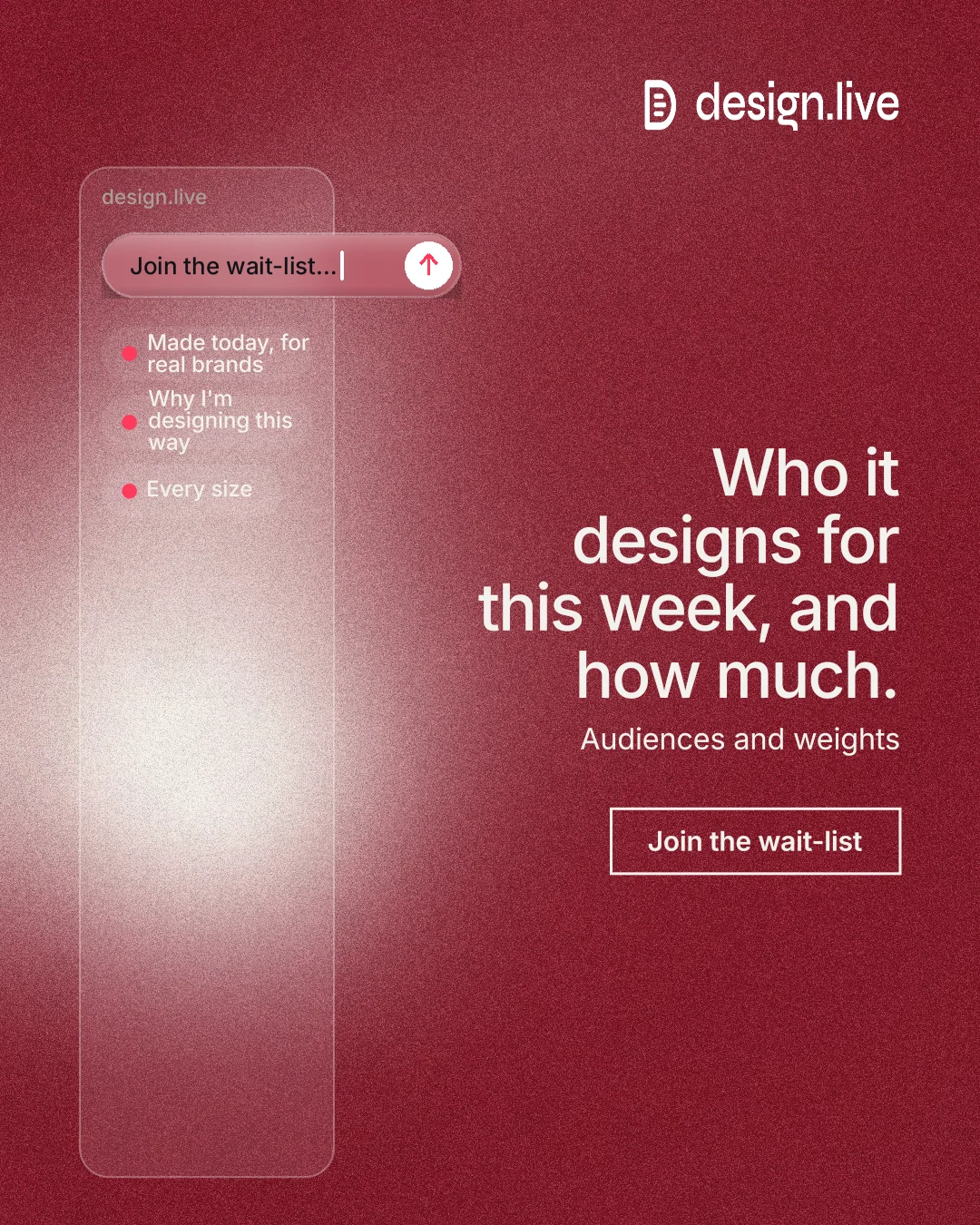 Instagram portrait post for design.live: "Who it designs for this week, and how much." Cyanotype style, right layout, dark palette in red.