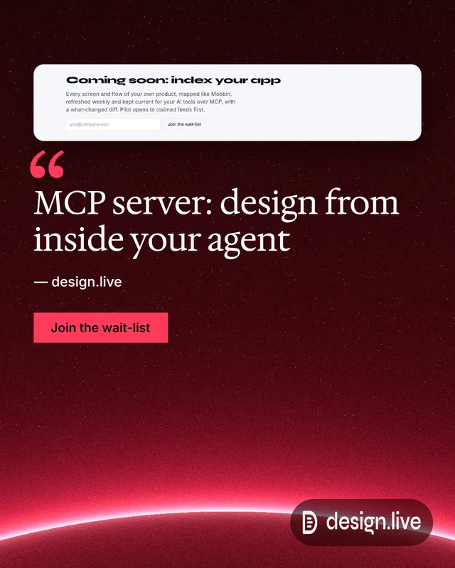 Instagram portrait post for design.live: "MCP server: design from inside your agent". Swiss style, quote layout, dark palette in red, black, white.