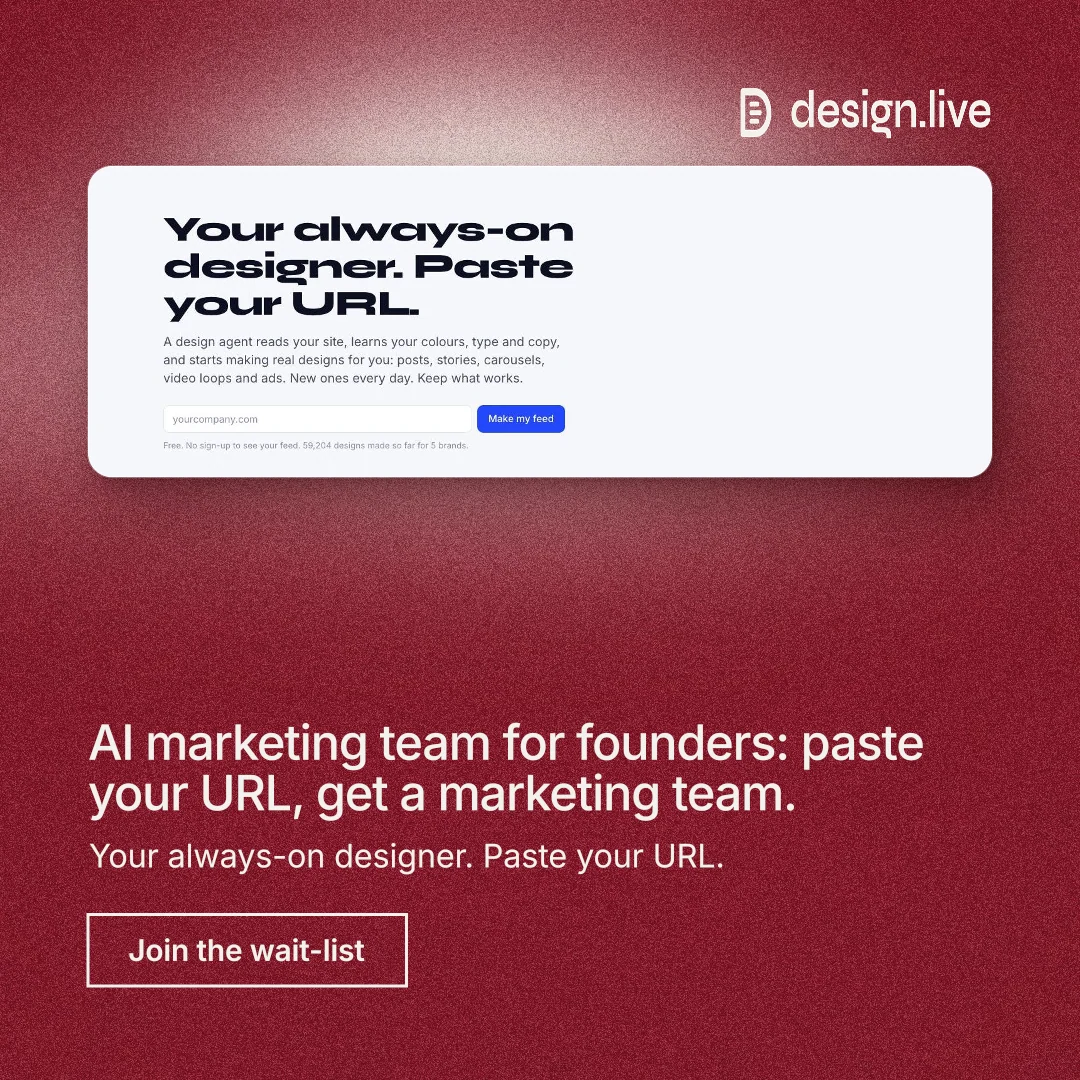 Instagram post for design.live: "AI marketing team for founders: paste your URL, get a marketing team." Cyanotype style, bottom layout, dark palette in red, white, grey.