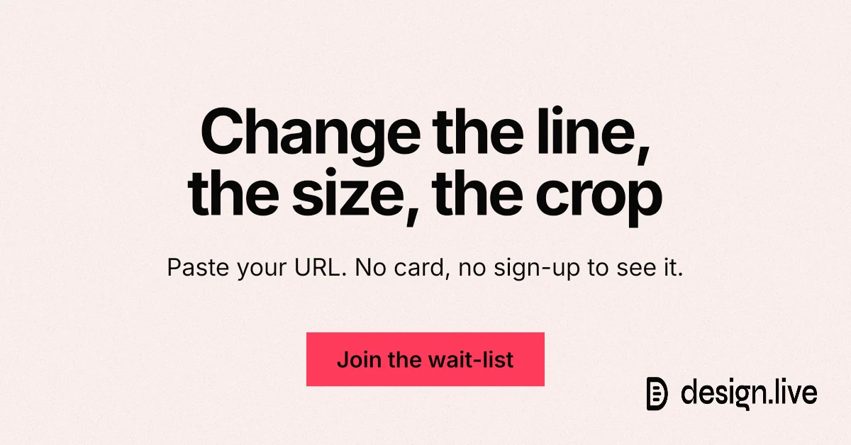 Social ad for design.live: "Change the line, the size, the crop". Swiss style, centred layout, light palette in white, red.