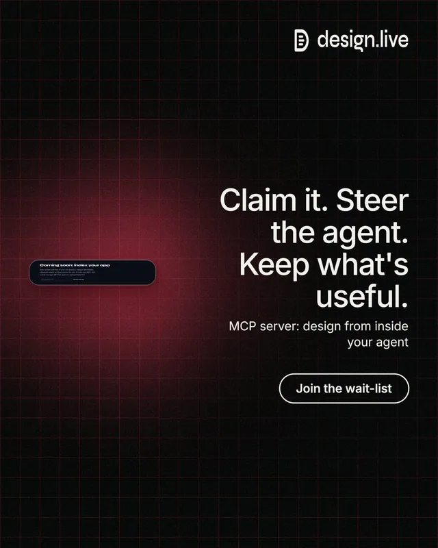Instagram portrait post for design.live: "Claim it. Steer the agent. Keep what's useful." Phosphor atlas style, right layout, dark palette in black, red.