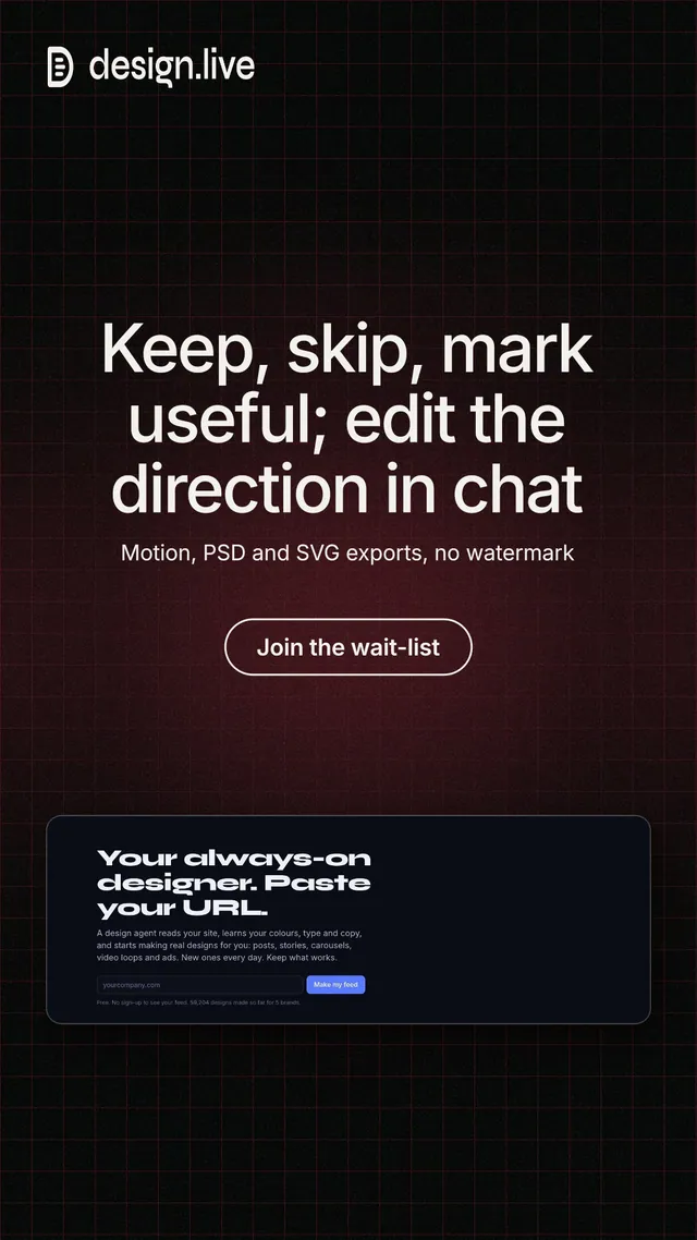 Instagram story for design.live: "Keep, skip, mark useful; edit the direction in chat". Phosphor atlas style, centred layout, dark palette in black.