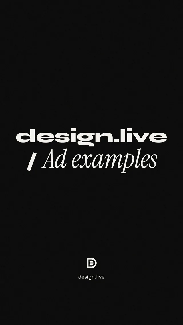 Instagram story for design.live: "design.live / Ad examples". Poster style, technique:mixed type lockup layout, dark palette in black.
