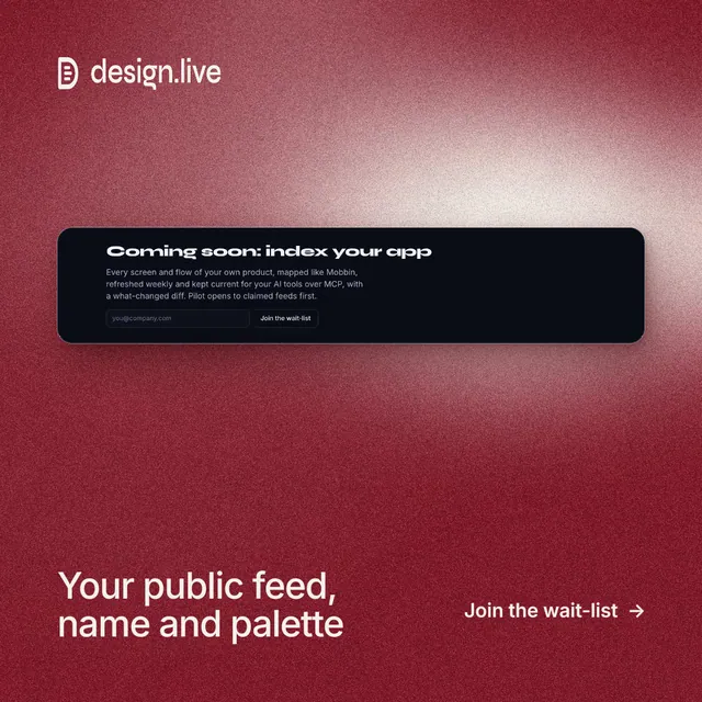 Instagram post for design.live: "Your public feed, name and palette". Cyanotype style, image led layout, dark palette in red.