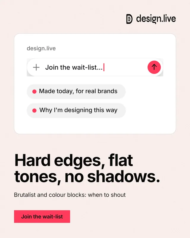 Instagram portrait post for design.live: "Hard edges, flat tones, no shadows." Swiss style, bottom layout, light palette in white, red.