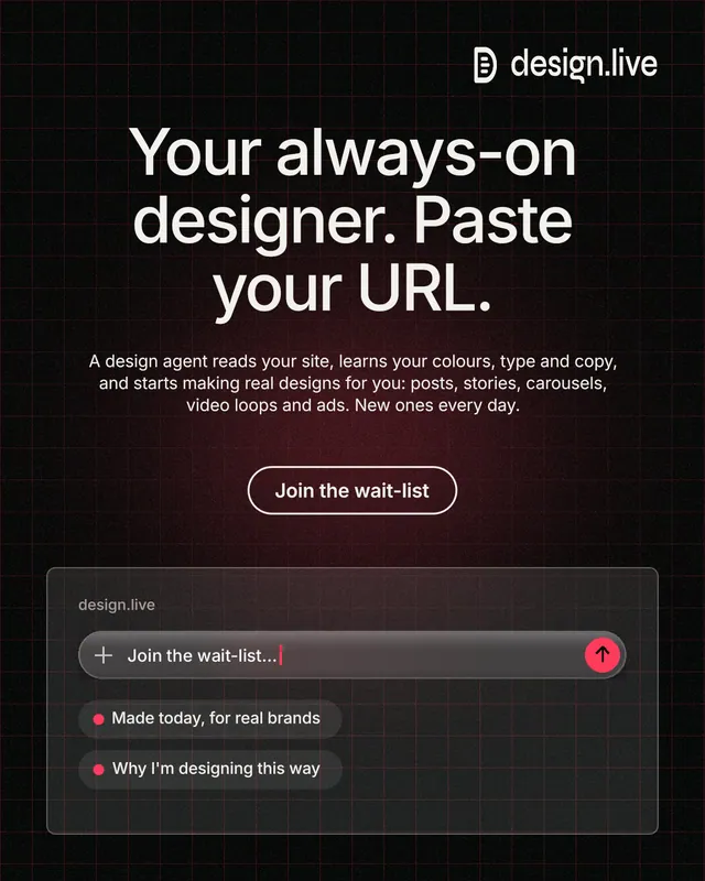 Instagram portrait post for design.live: "Your always-on designer. Paste your URL." Phosphor atlas style, centred layout, dark palette in black, grey.