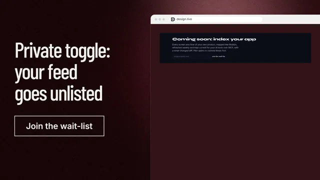 Landscape graphic for design.live: "Private toggle: your feed goes unlisted". Dark deco style, browser layout, dark palette in red, black, grey.