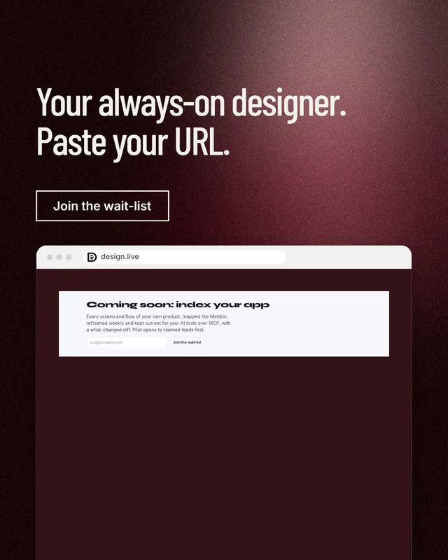 Instagram portrait post for design.live: "Your always-on designer. Paste your URL." Dark deco style, browser layout, dark palette in red, black, grey.