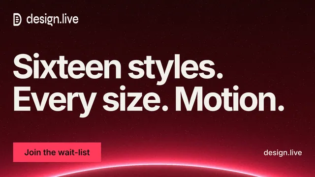 Landscape graphic for design.live: "Sixteen styles. Every size. Motion." Swiss style, poster layout, dark palette in red, black.