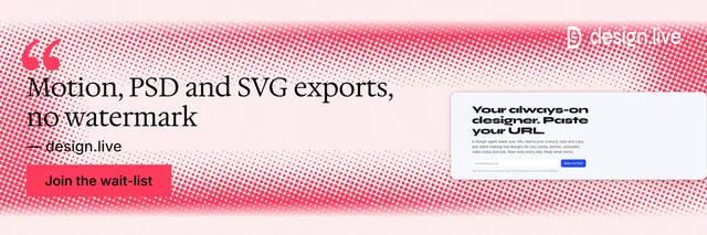 X header for design.live: "Motion, PSD and SVG exports, no watermark". Swiss style, quote layout, light palette in white, red.