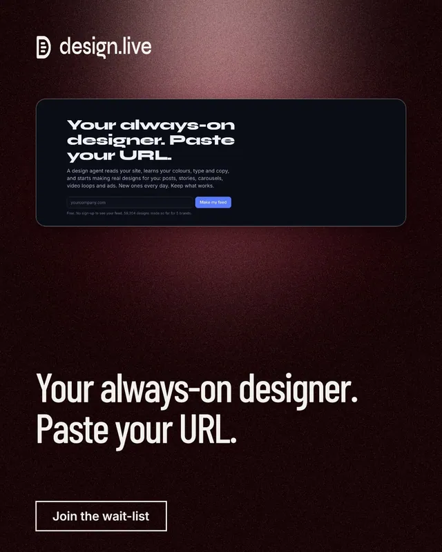 Instagram portrait post for design.live: "Your always-on designer. Paste your URL." Dark deco style, bottom layout, dark palette in black, grey.
