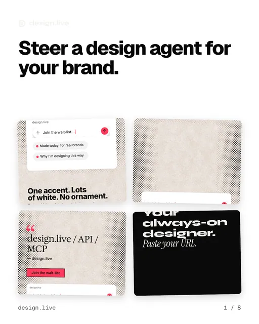 Carousel for design.live: "Steer a design agent for your brand.". Collection carousel, 8 slides, light palette.