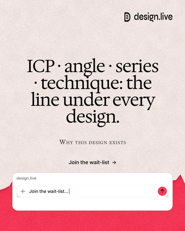 Instagram portrait post for design.live: "ICP · angle · series · technique: the line under every design." Paper trio style, smallcaps layout, light palette in orange, red, white.