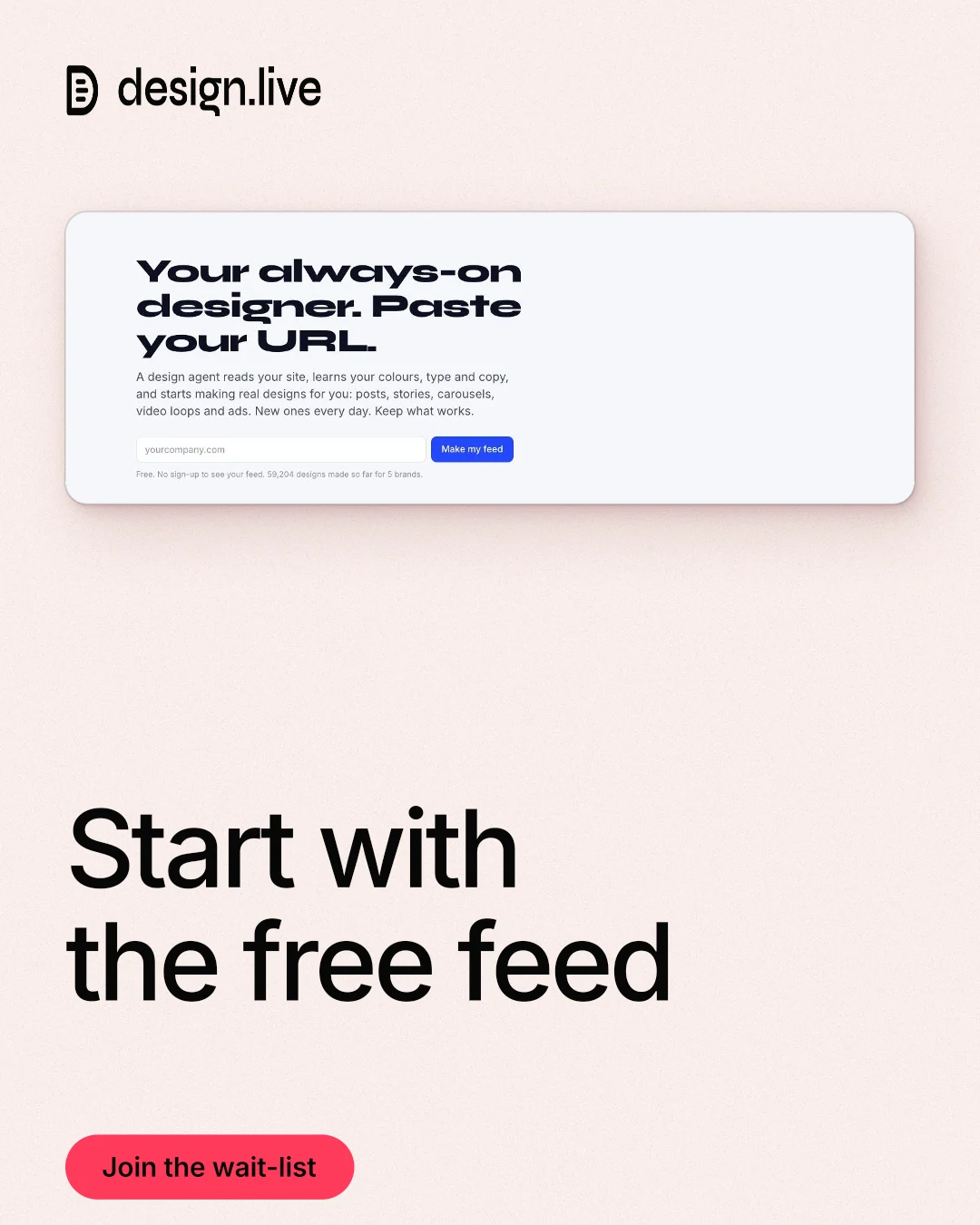 Instagram portrait post for design.live: "Start with the free feed". Data card style, bottom layout, light palette in white.