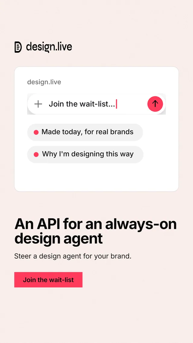 Instagram story for design.live: "An API for an always-on design agent". Swiss style, bottom layout, light palette in white, red.
