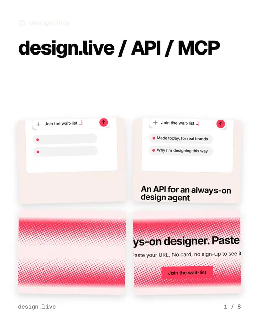 Carousel for design.live: "design.live / API / MCP". Collection carousel, 8 slides, light palette.