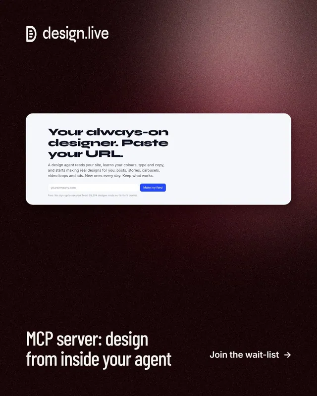 Instagram portrait post for design.live: "MCP server: design from inside your agent". Dark deco style, image led layout, dark palette in black, red, white.
