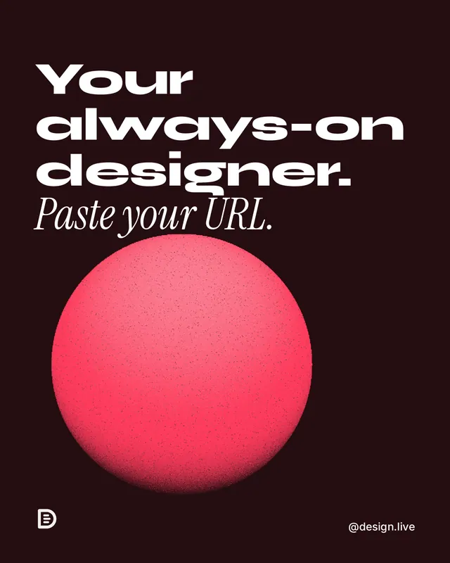 Instagram portrait post for design.live: "Your always-on designer. Paste your URL." Auto 4x5 style, technique:shader field layout, dark palette in black, red.