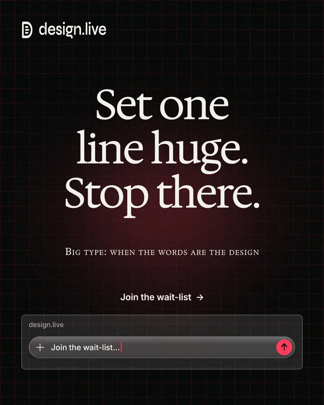 Instagram portrait post for design.live: "Set one line huge. Stop there." Phosphor atlas style, smallcaps layout, dark palette in black, grey.