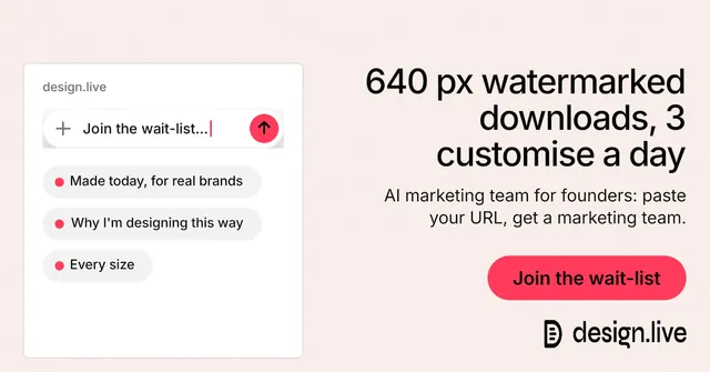Social ad for design.live: "640 px watermarked downloads, 3 customise a day". Data card style, right layout, light palette in white, red.