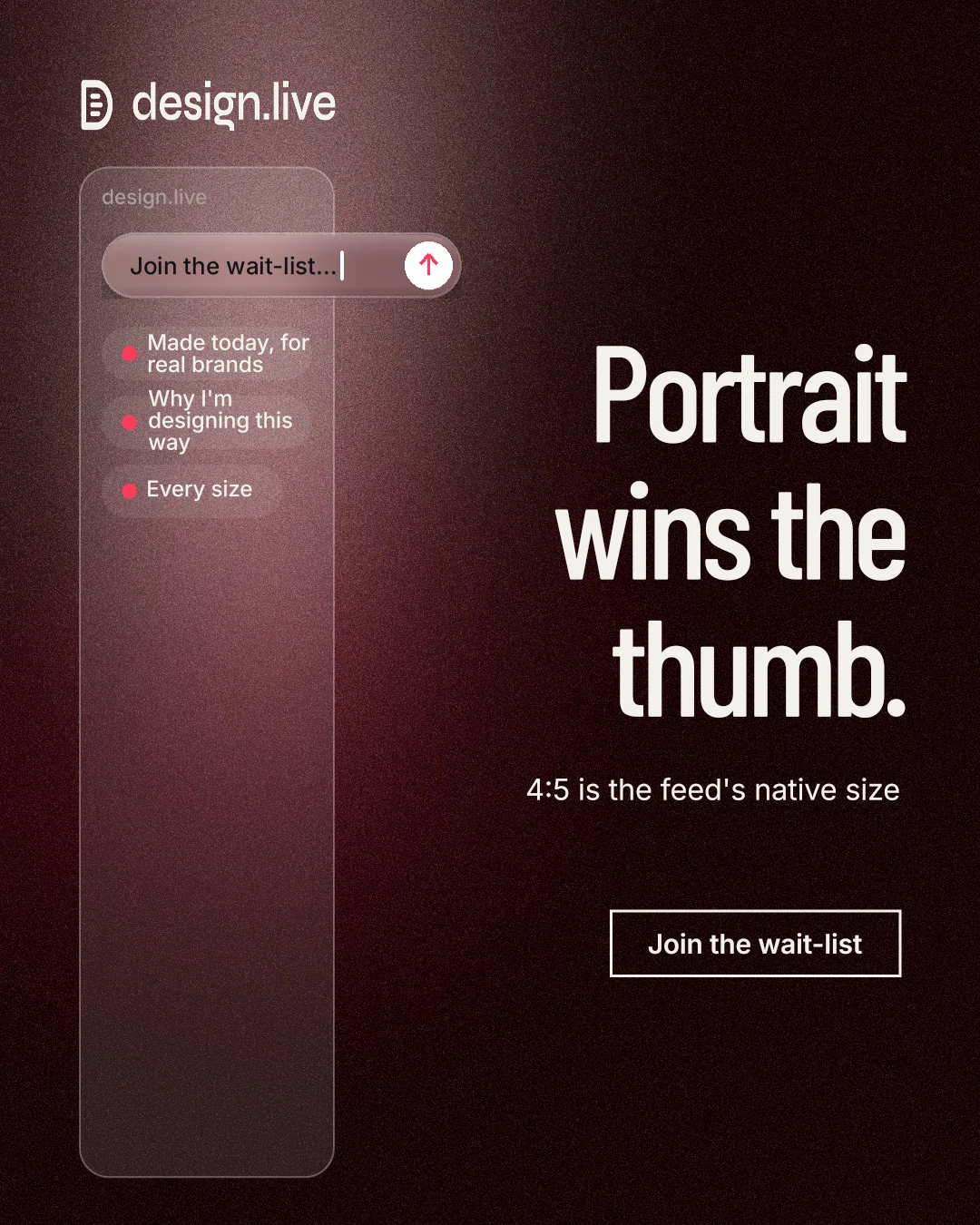 Instagram portrait post for design.live: "Portrait wins the thumb." Dark deco style, right layout, dark palette in black, red, grey.