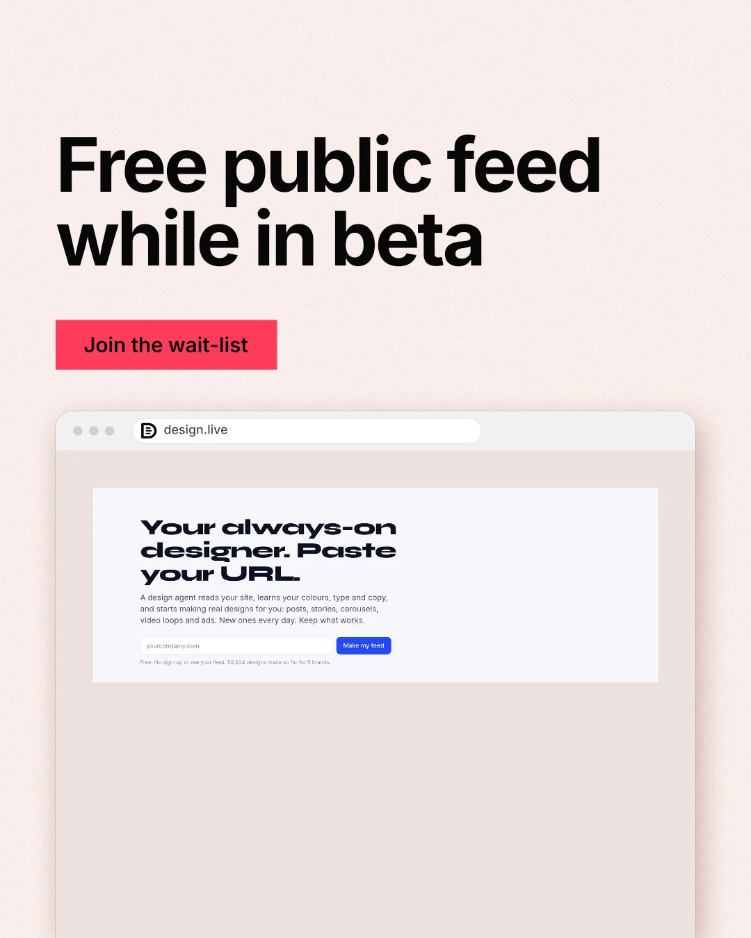 Instagram portrait post for design.live: "Free public feed while in beta". Swiss style, browser layout, light palette in red, white, grey.