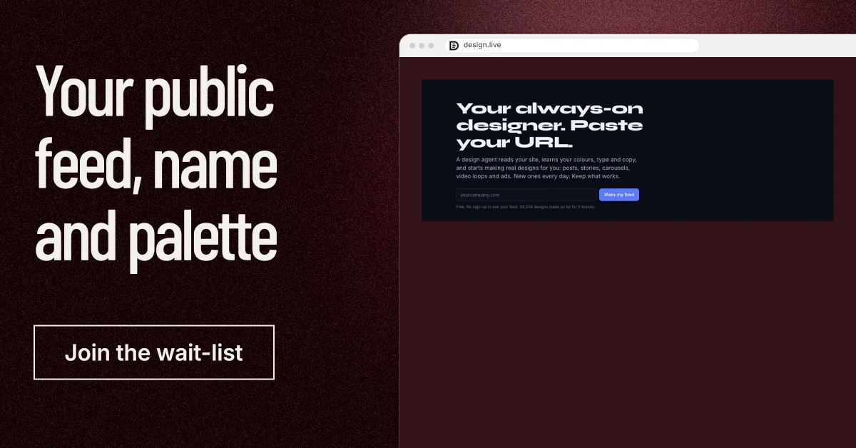Social ad for design.live: "Your public feed, name and palette". Dark deco style, browser layout, dark palette in red, black, grey.