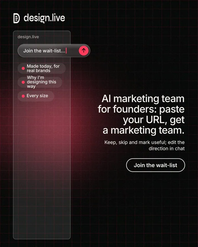 Instagram portrait post for design.live: "AI marketing team for founders: paste your URL, get a marketing team." Phosphor atlas style, right layout, dark palette in red, black.