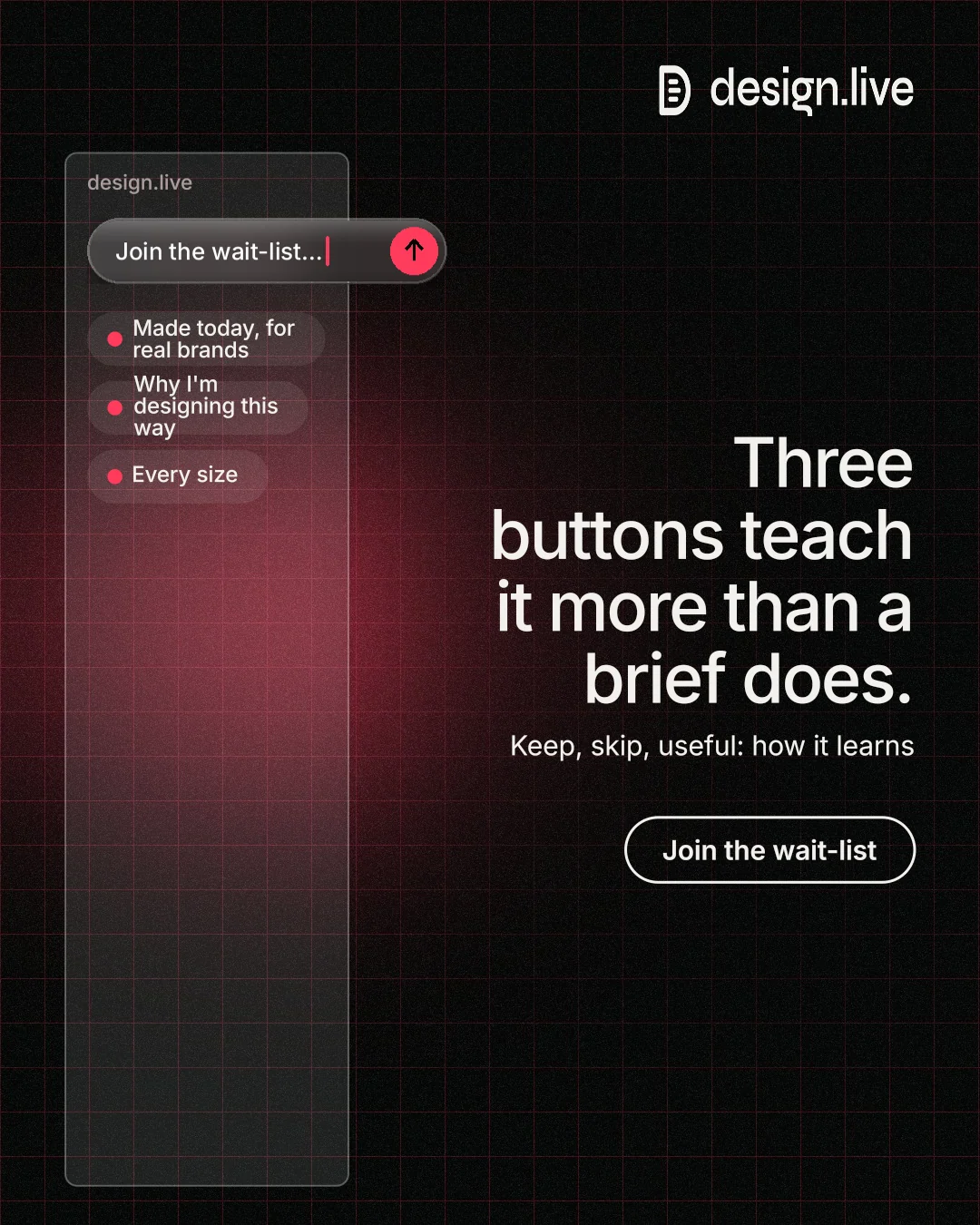Instagram portrait post for design.live: "Three buttons teach it more than a brief does." Phosphor atlas style, right layout, dark palette in black, red, grey.