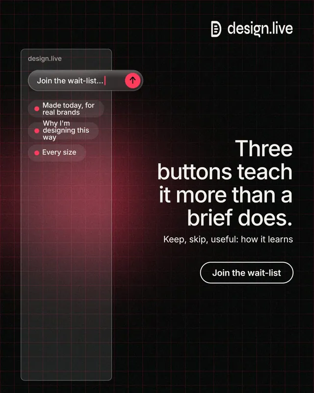 Instagram portrait post for design.live: "Three buttons teach it more than a brief does." Phosphor atlas style, right layout, dark palette in black, red, grey.
